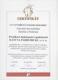Certifikát o vytvoření rekordu v Setkání Jeníčků a Mařenek 2005